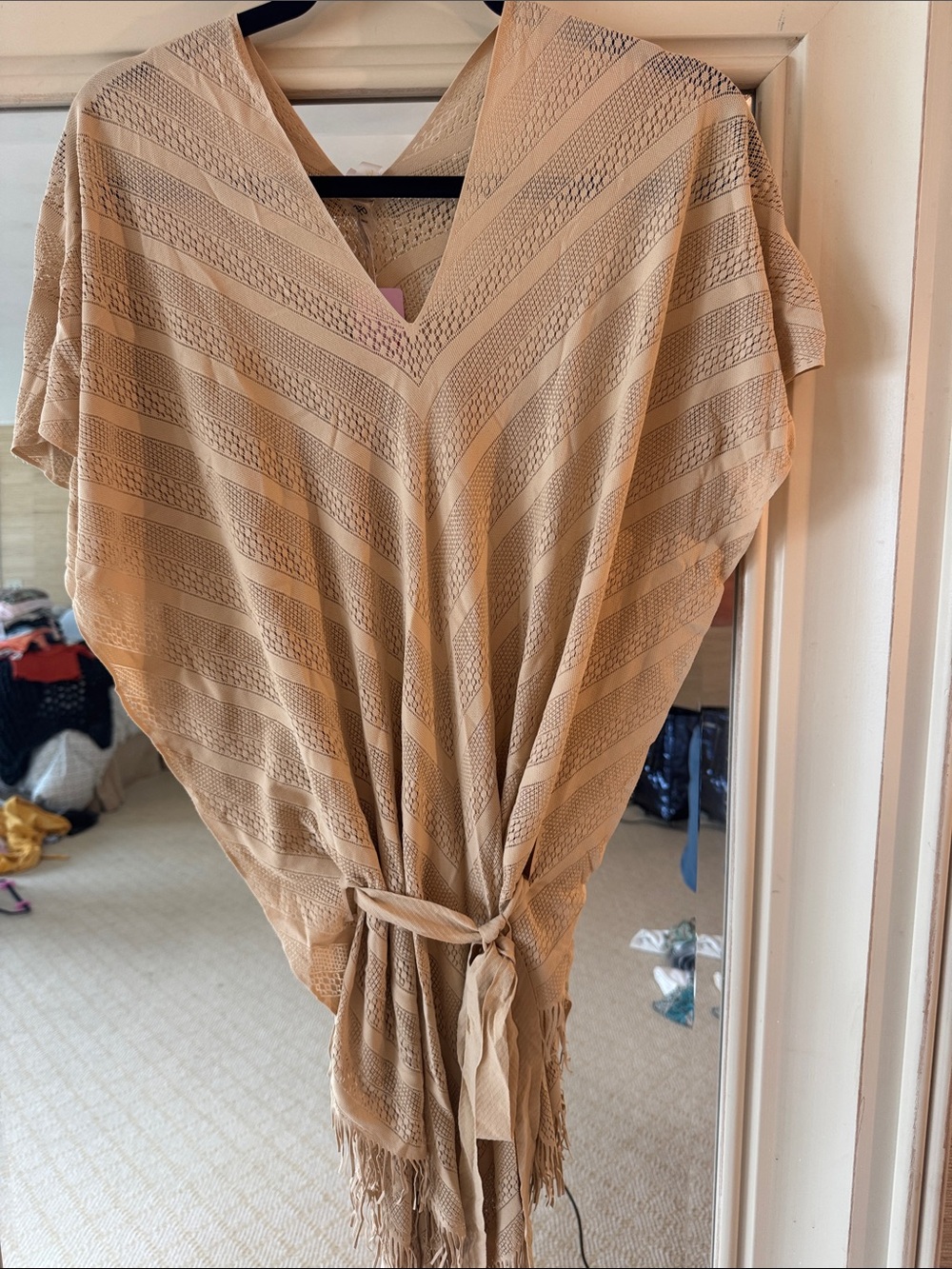 PQ Light Tan Fringe Belted Knit Riviero Poncho